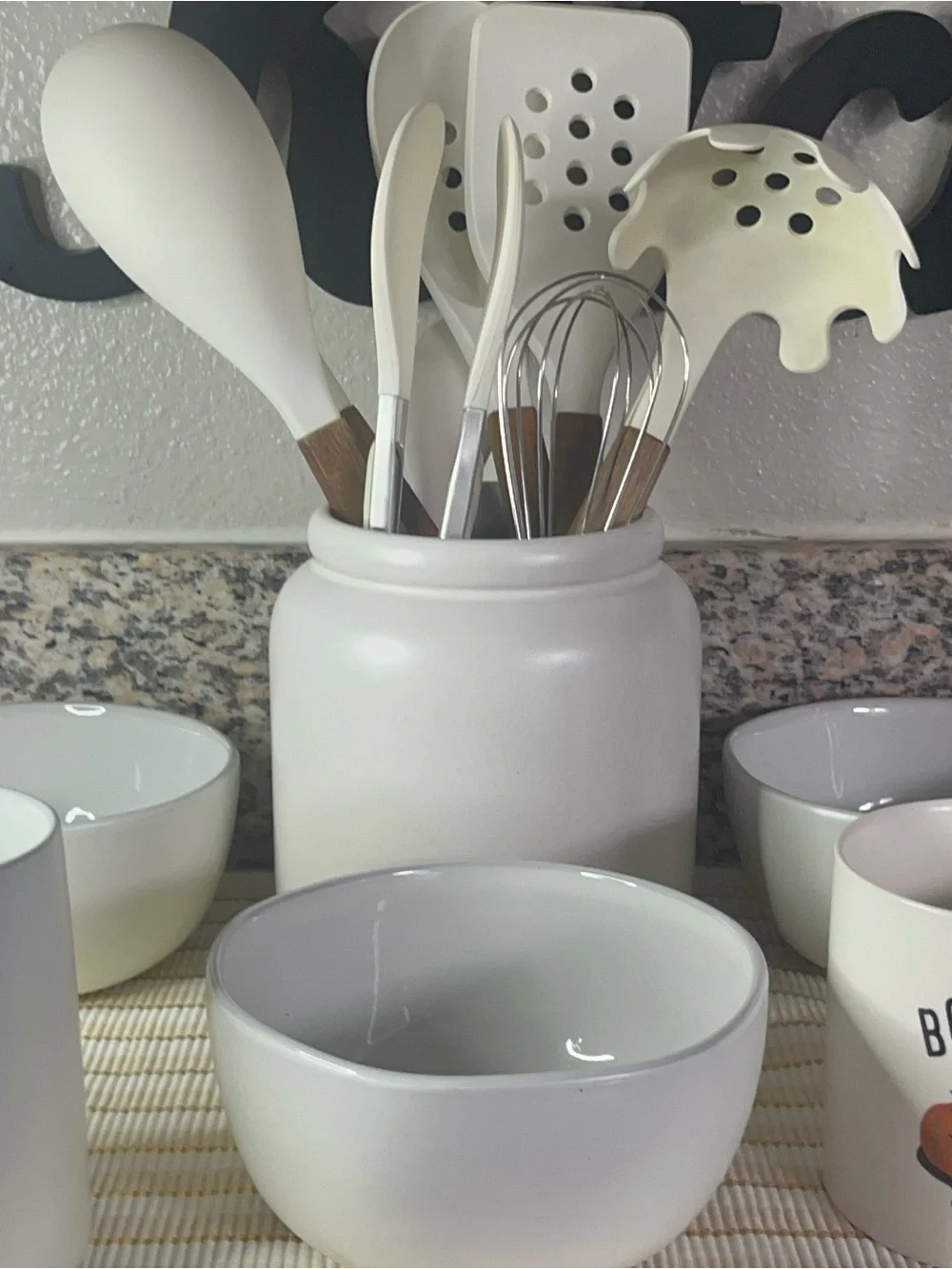 Neutral Ceramic Kitchen Utensil Crock & Bowls Set - White